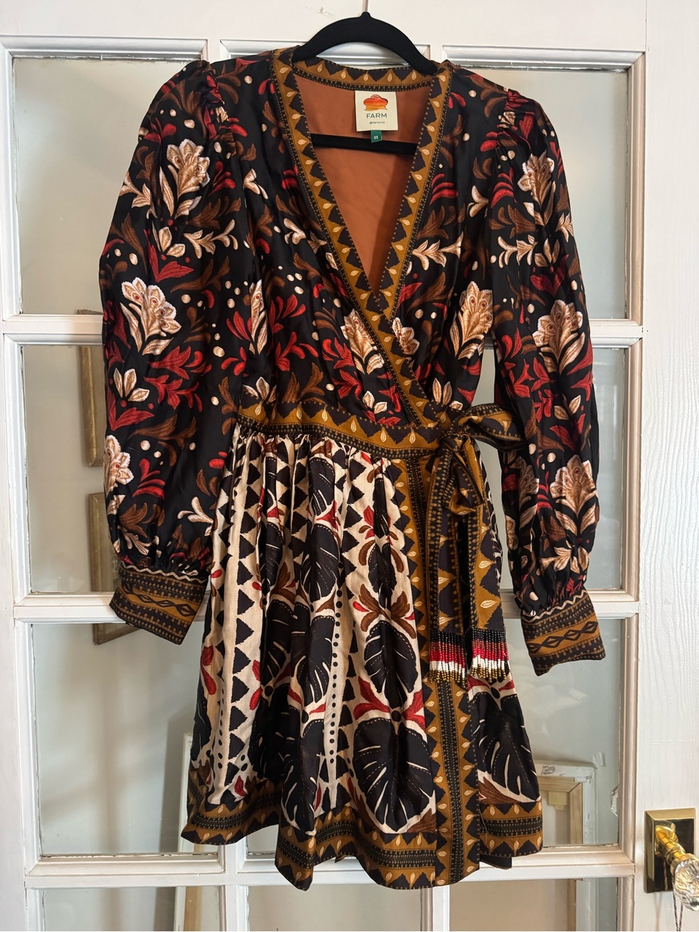 FARM Rio Tapestry Garden Dress Women’s XS Red Brown Belted Mini Wrap Boho - Picture 2 of 7
